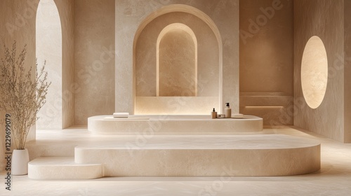 Minimalist Interior Design with Arched Niches and a Stone Platform