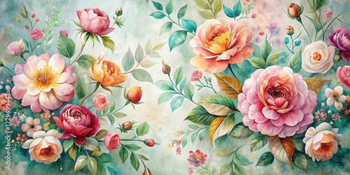 A vibrant watercolor floral composition featuring a profusion of blossoms, lush foliage, and a soft, dreamy background