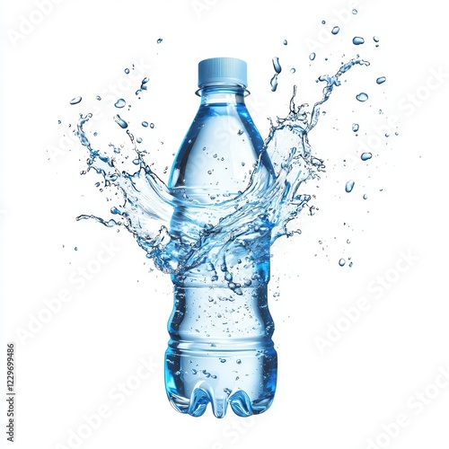 flying bottle of mineral water with clear water splashing mid-air, isolated on a white background photo