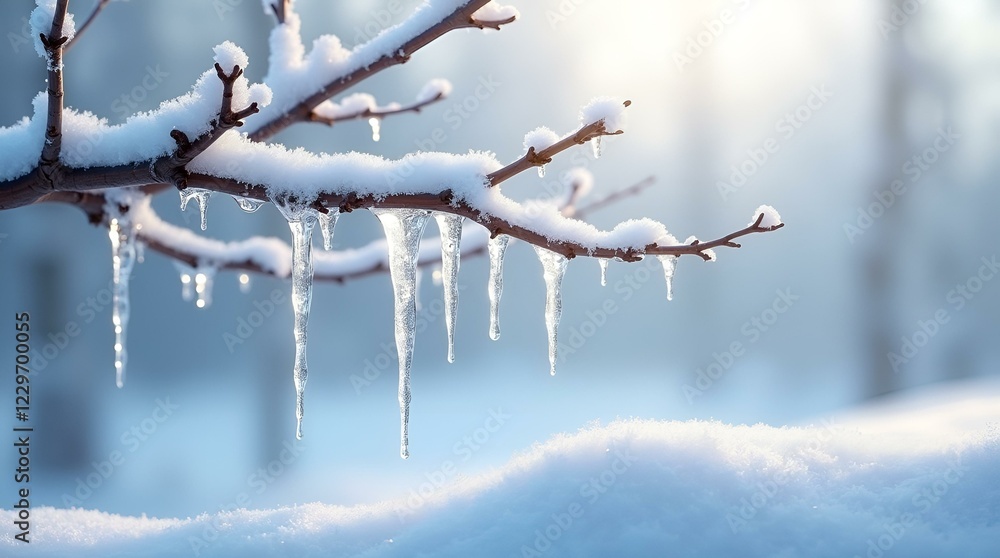 Winter branch with icicles and fresh snow against a soft background, serene and cold atmosphere, copy space Winter branch with icicles and fresh snow against a soft background, serene and cold atmosphere, copy space