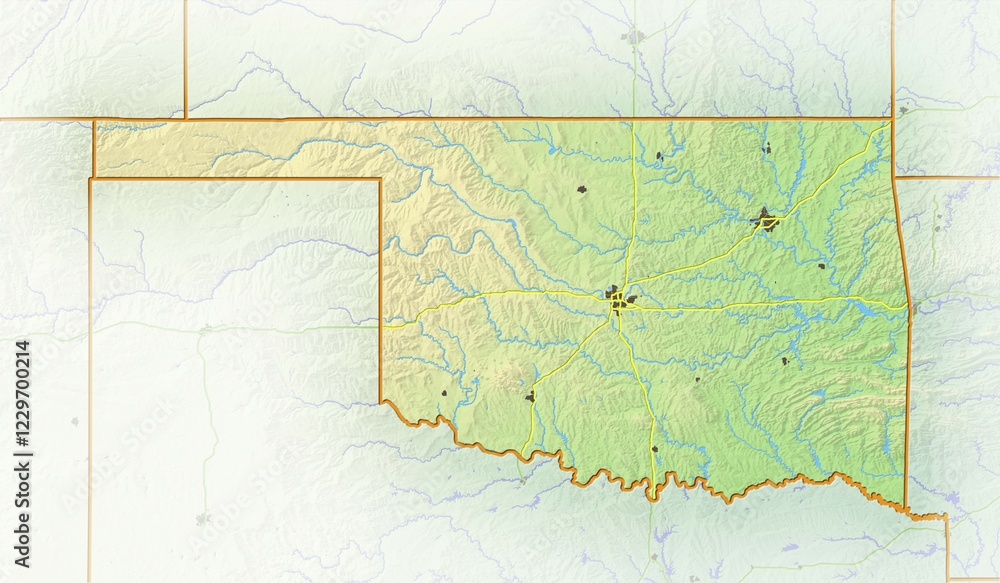 Fototapeta premium Oklahoma, shaded relief map, USA, North America