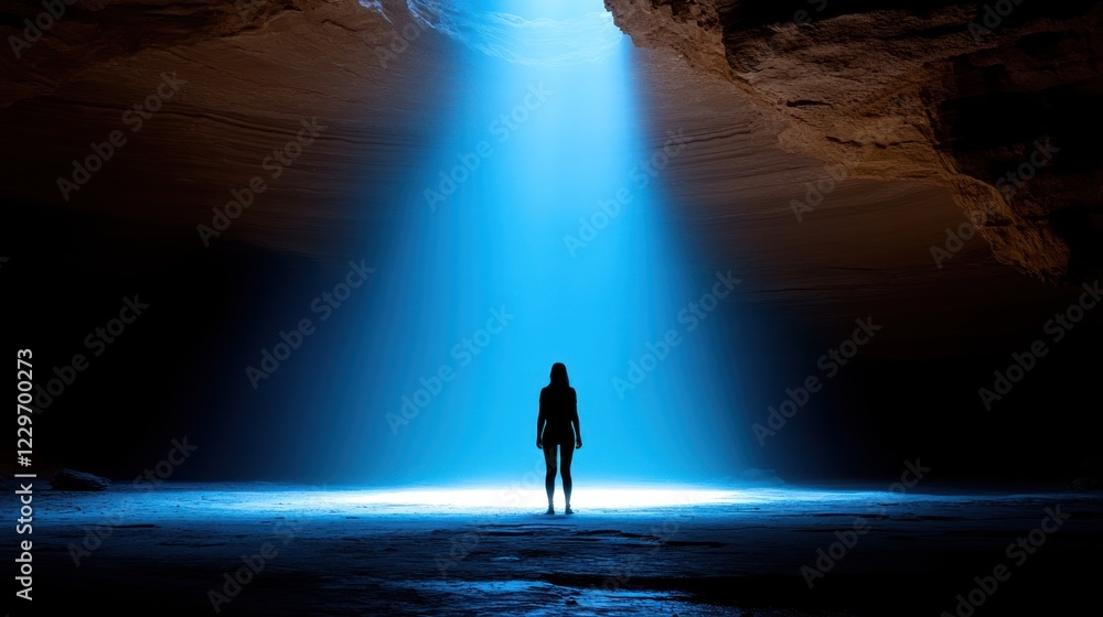 Fototapeta premium Woman silhouetted in a cave with a blue light beam.