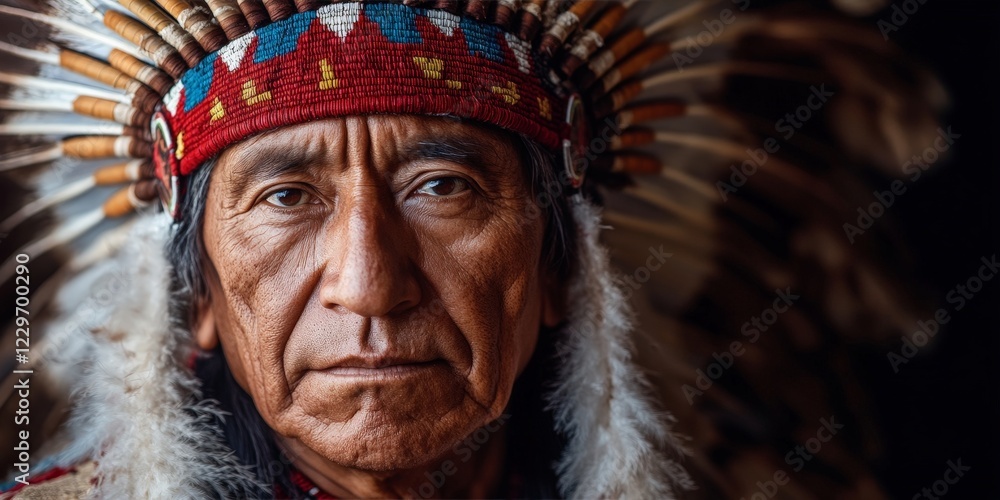 A dignified Native American chief in traditional feathered headdress, showcasing cultural pride and history. Perfect for educational or cultural themes. A dignified Native American chief in traditional feathered headdress, showcasing cultural pride and history. Perfect for educational or cultural themes.