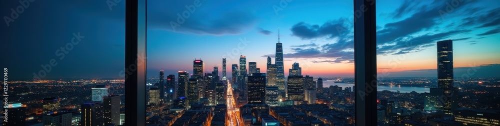 Obraz premium Stylish high-rise corporate skyline at twilight with glowing city lights visible through a panoramic window, symbolizing urban success.