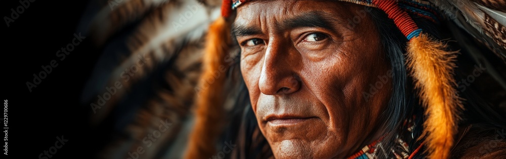 A dignified Native American chief in traditional feathered headdress, showcasing cultural pride and history. Perfect for educational or cultural themes. A dignified Native American chief in traditional feathered headdress, showcasing cultural pride and history. Perfect for educational or cultural themes.