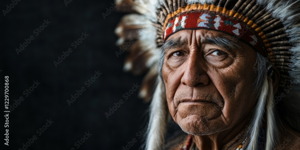 A dignified Native American chief in traditional feathered headdress, showcasing cultural pride and history. Perfect for educational or cultural themes. A dignified Native American chief in traditional feathered headdress, showcasing cultural pride and history. Perfect for educational or cultural themes.