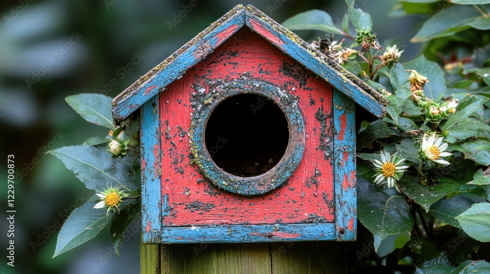 Weathered red and blue birdhouse nestled in greenery. Weathered red and blue birdhouse nestled in greenery.
