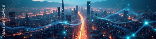 3D-rendered neural network pattern overlaying a high-tech futuristic cityscape at dusk, illuminated urban lights representing innovation and technology. Futuristic Technology LinkedIn Banner