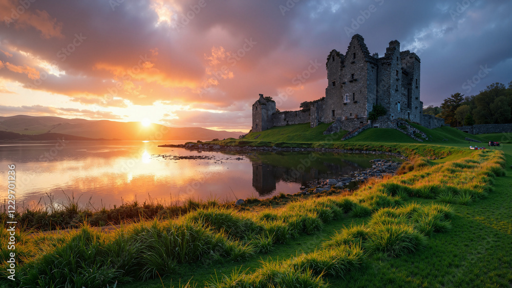 Ancient Ross Castle at Golden Hour: Serene Lake, Lush Greenery, and Vibrant Sunset for Travel Brochures, History Publications, and Eco-Tourism Campaigns Ancient Ross Castle at Golden Hour: Serene Lake, Lush Greenery, and Vibrant Sunset for Travel Brochures, History Publications, and Eco-Tourism Campaigns