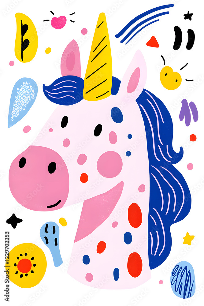 Cute cartoon unicorn with mane and horn illustration isolated on white background Cute cartoon unicorn with mane and horn illustration isolated on white background
