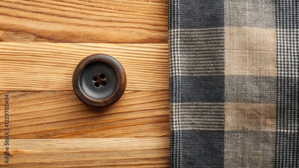 A single dark brown button rests on a light brown wooden surface next to a piece of soft plaid fabric