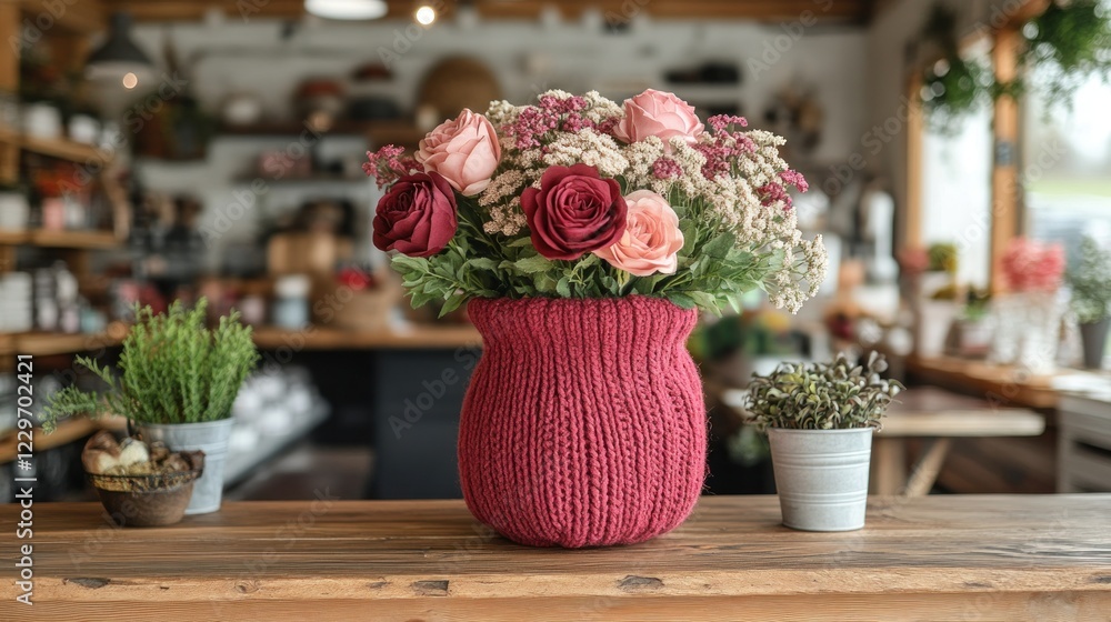 Roses and greenery bouquet in knitted vase on wooden counter. Roses and greenery bouquet in knitted vase on wooden counter.