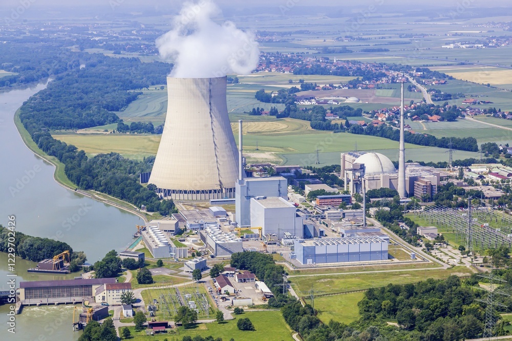 custom made wallpaper toronto digitalAerial view, EON nuclear power plants Isar I and Isar II with reactor buildings and cooling tower on the Isar River, Essenbach, Bavaria, Germany, Europe