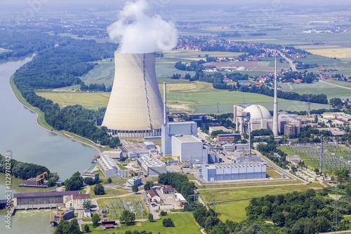 Aerial view, EON nuclear power plants Isar I and Isar II with reactor buildings and cooling tower on the Isar River, Essenbach, Bavaria, Germany, Europe
