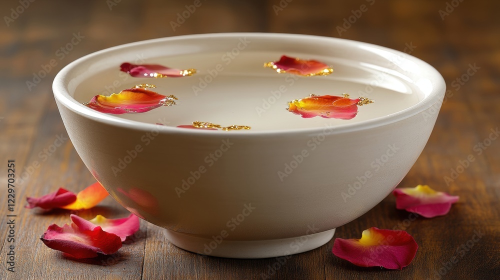 White Bowl of Water with Rose Petals on Wooden Surface White Bowl of Water with Rose Petals on Wooden Surface