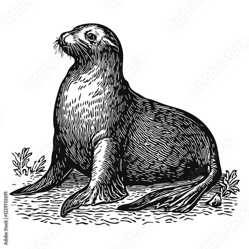 Woodcut illustration of a sea lion. Vintage grunge vector design element for artworks, poster, cards, web and collages.