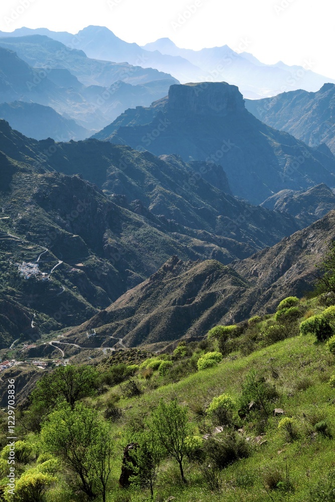Fototapeta premium View on mountains from Roque Bentayga, Gran Canaria, Canary Islands, Spain, Europe