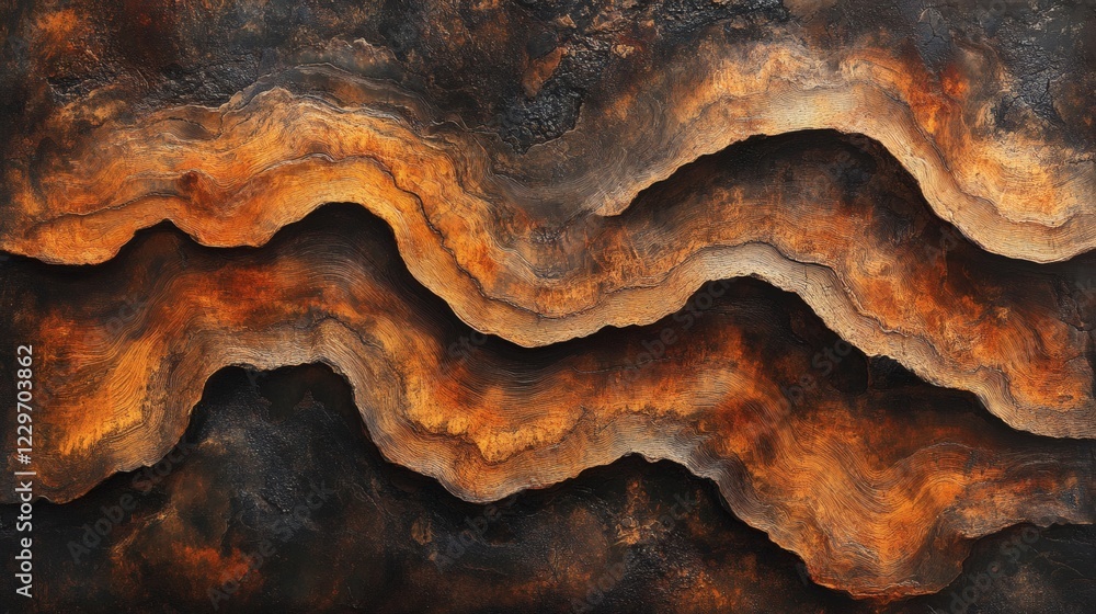 Abstract textured artwork with layered, undulating forms in deep orange and black hues. Abstract textured artwork with layered, undulating forms in deep orange and black hues.