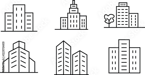 Building web icons in line style. Business buildings, Hotel, hospital, apartament, city, town house. Editable stroke width