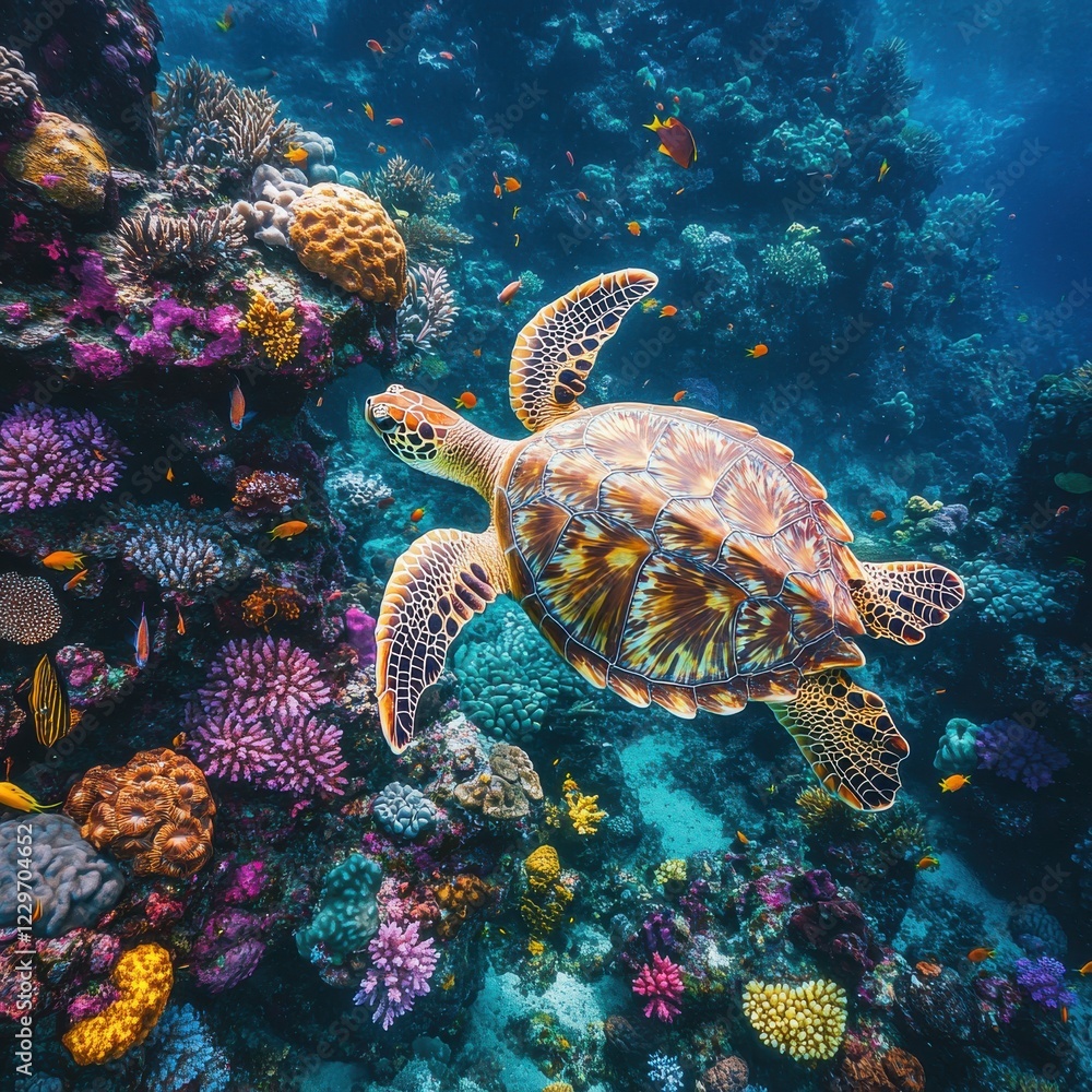 Fototapeta premium Vibrant Underwater Scene with Sea Turtle Swimming Over Colorful Coral Reef Surrounded by Tropical Fish in Crystal Clear Blue Ocean Water