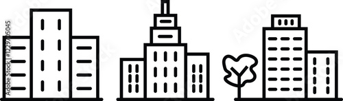 Building web icons in line style. Business buildings, Hotel, hospital, apartament, city, town house. Editable stroke width
