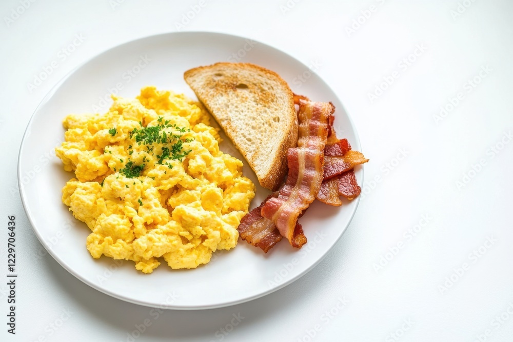 Delicious breakfast of scrambled eggs crispy bacon and toast on a clean white plate perfect for morning meals bright kitchen focused viewpoint Delicious breakfast of scrambled eggs crispy bacon and toast on a clean white plate perfect for morning meals bright kitchen focused viewpoint