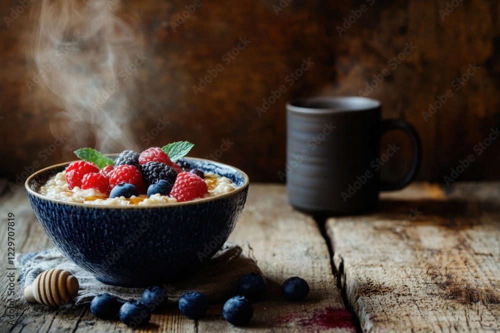 Rustic breakfast scene with berries and hot beverage cozy kitchen food photography natural wood environment warm viewpoint breakfast bliss and comfort Rustic breakfast scene with berries and hot beverage cozy kitchen food photography natural wood environment warm viewpoint breakfast bliss and comfort