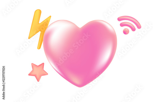 Cute 3D pink heart icon, glowing glass or plastic texture love heart clipart, isolated png, transparent background. Light pink shiny decoration, heart shape element.