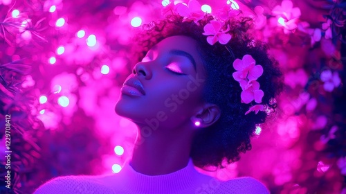 Electric Forest Serenity, a Black woman enveloped in radiant, ethereal illumination amidst vibrant foliage, exuding tranquility and connection to nature.