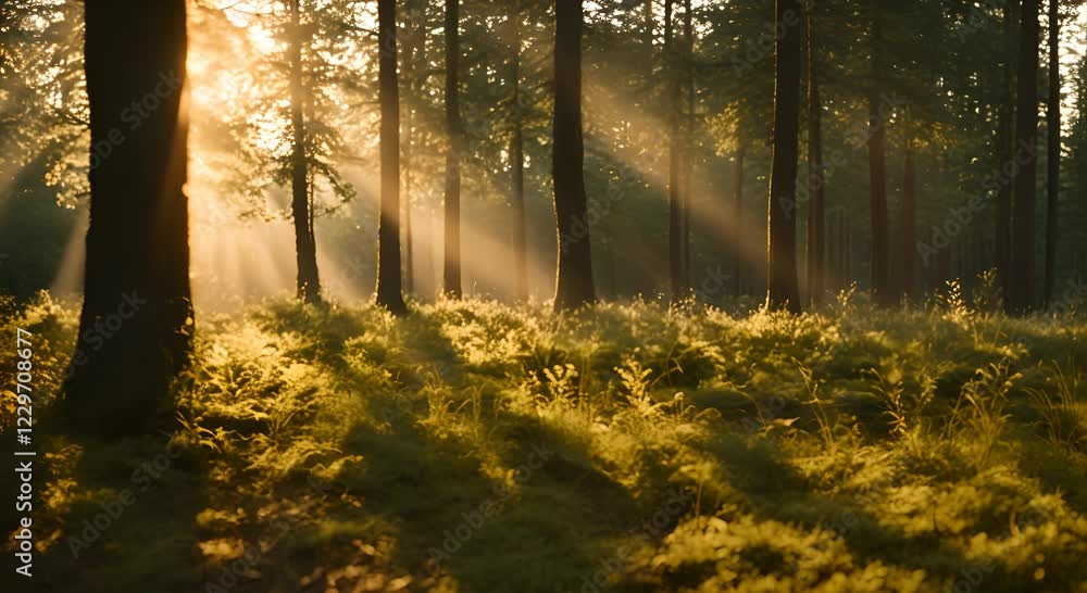 Sunbeams Illuminating a Serene Forest at Sunrise Sunbeams Illuminating a Serene Forest at Sunrise