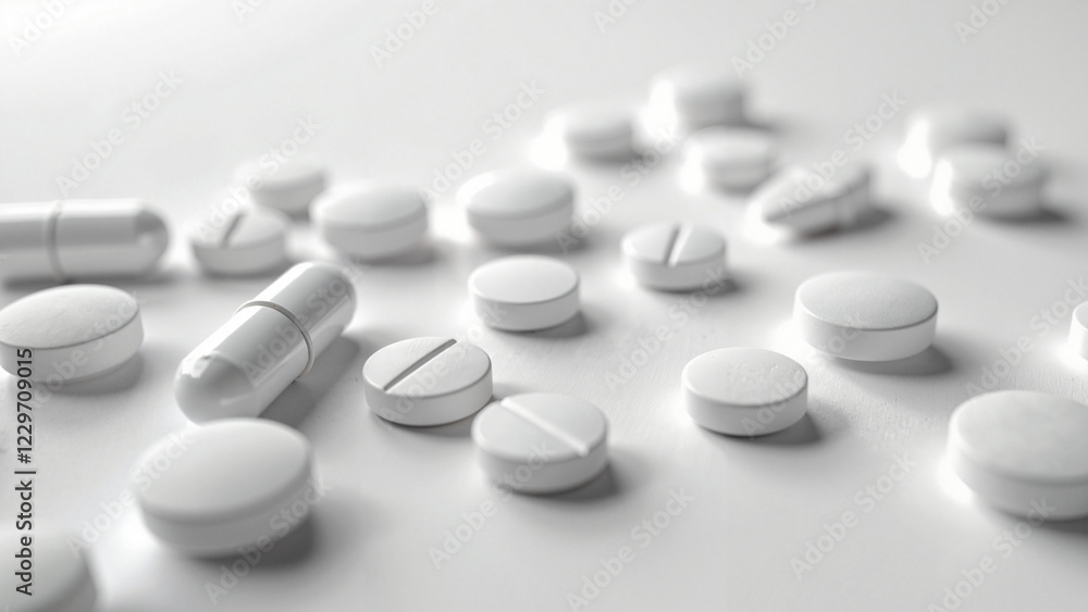 High-resolution close-up of white pills on seamless white background, ideal for healthcare advertising, pharmaceutical marketing, and educational websites. High-resolution close-up of white pills on seamless white background, ideal for healthcare advertising, pharmaceutical marketing, and educational websites.