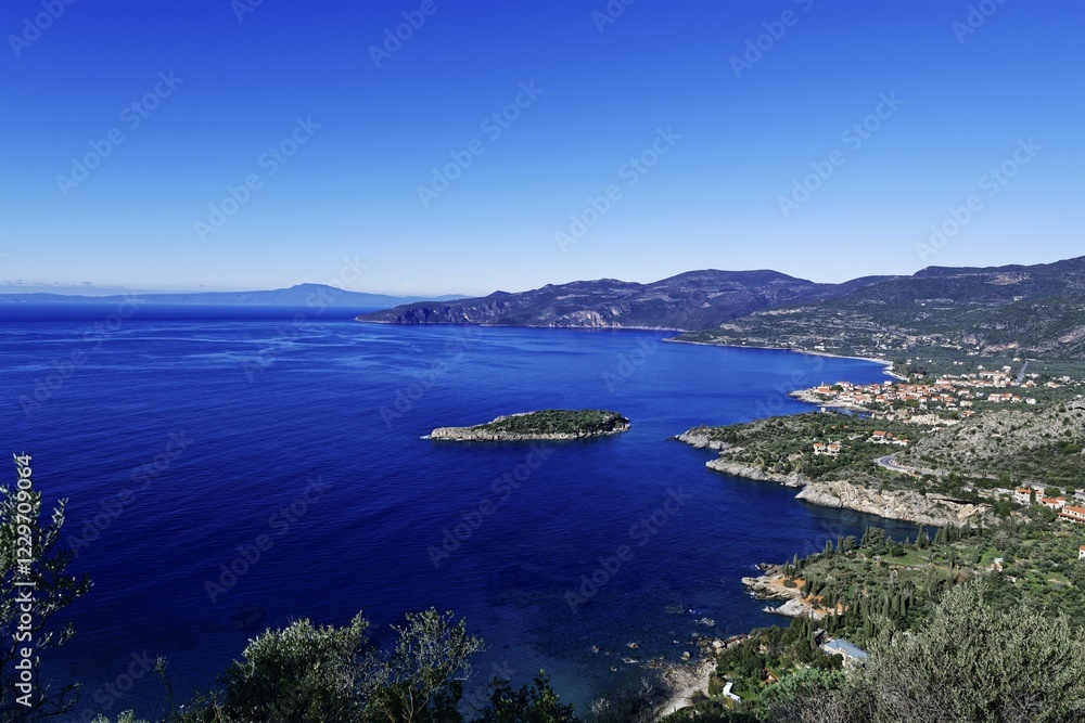 Fototapeta premium View of the coast near Kardamyli, Lefktro, Mani, Messenia, Peloponnese, Greece, Europe