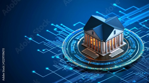 digital assets and ecosystem concept. Digital bank concept with a futuristic house and circuitry on a blue background.