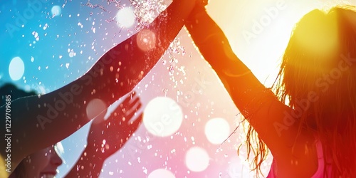 Effection in motion between friends splashing water at a sunny beach, vibrant summer colors, playful interactions, neutral background photo