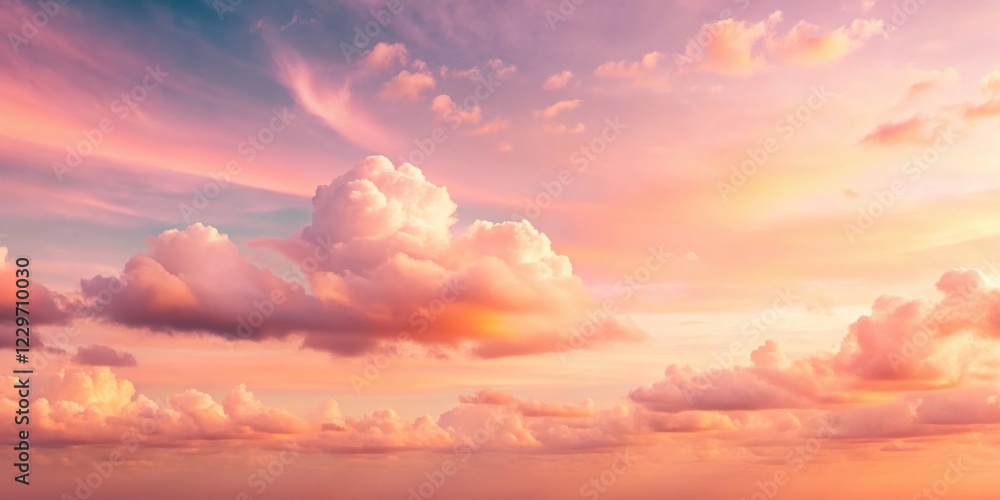 Fototapeta premium A Serene Panorama of Pastel Hues in the Evening Sky, Featuring Softly Lit Cumulus Clouds and a Dreamlike Atmosphere