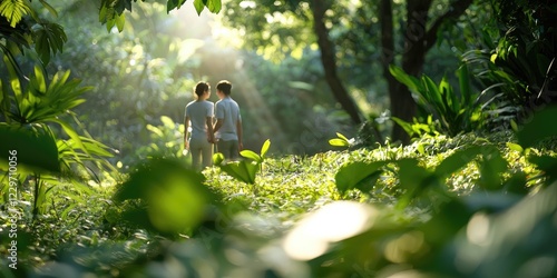 effection in motion amidst lush green forests, soft sunlight filtering through leaves, serene ambiance with a couple sharing a joyful moment, photo