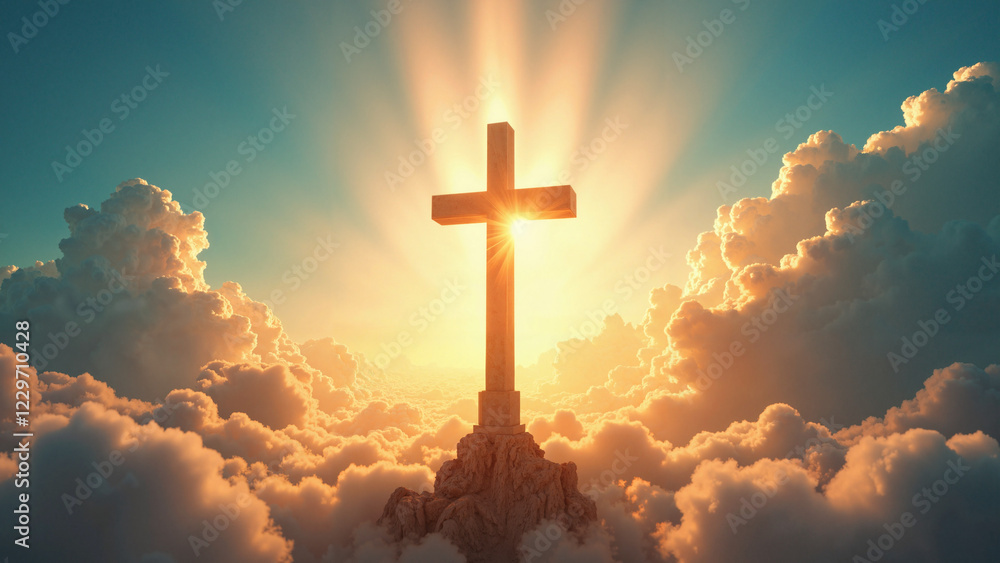 A radiant Christian cross illuminated by golden sunlight against a vibrant sky, ideal for religious publications, church newsletters, inspirational greeting cards, faith-based marketing, and uplifting A radiant Christian cross illuminated by golden sunlight against a vibrant sky, ideal for religious publications, church newsletters, inspirational greeting cards, faith-based marketing, and uplifting