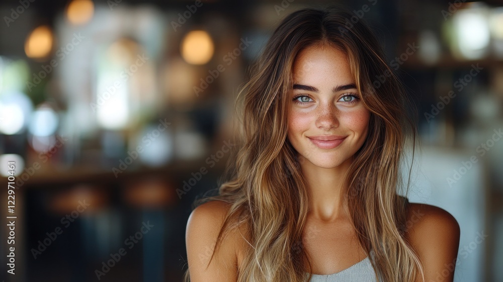 Smiling young woman in cozy café with warm lighting Smiling young woman in cozy café with warm lighting