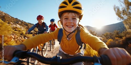 effection in motion family bonding outdoor adventure excited family cycling together along a scenic trail with bright helmets and natural landscapes photo