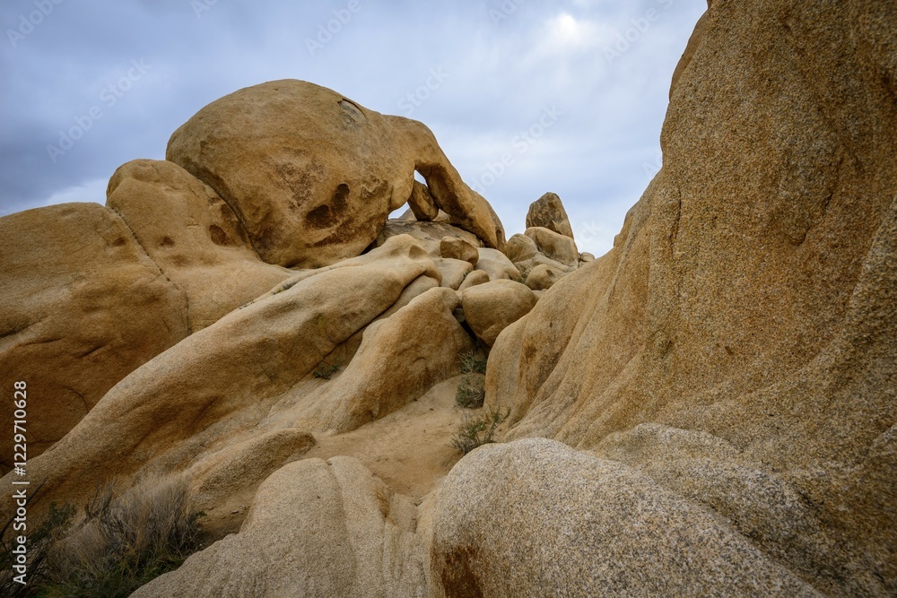 Rock formations, rear left Arch Rock, rock arch, monzogranite formation, Arch Rock Nature Trail, White Tank Campground, Joshua Tree National Park, Palm Desert, California, USA, North America Rock formations, rear left Arch Rock, rock arch, monzogranite formation, Arch Rock Nature Trail, White Tank Campground, Joshua Tree National Park, Palm Desert, California, USA, North America