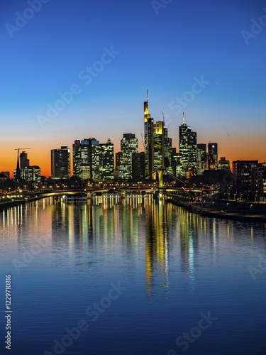 Deutschherrenbrücke with skyline at sunset, Frankfurt am Main, Hesse, Germany, Europe