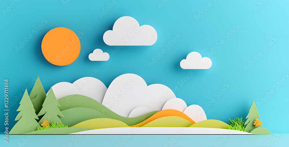 Landscape with mountains and sea waves in paper cut style Landscape with mountains and sea waves in paper cut style