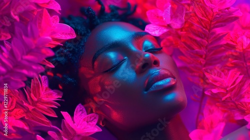 Fluorescent Forest Bliss, a Black woman immersed in a vibrant, otherworldly landscape filled with luminous trees and ethereal plants, embodying a sense of wonder and tranquility.