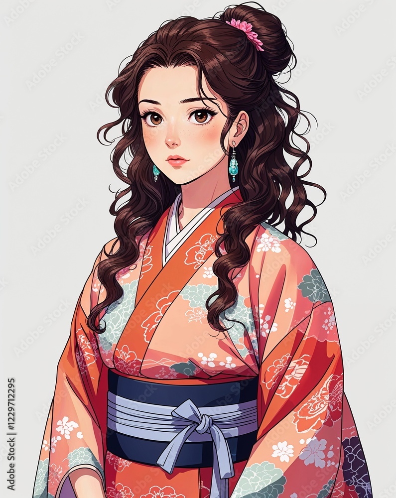 adult female curious curly brown hair traditional kimono anime style on plain white background adult female curious curly brown hair traditional kimono anime style on plain white background