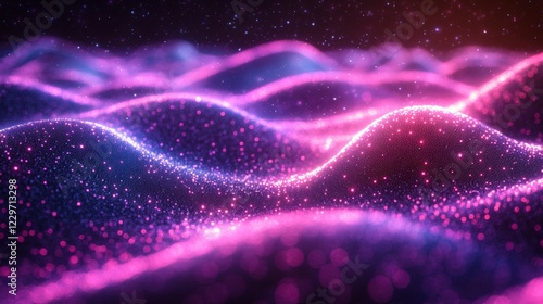 Futuristic wave motion ultraviolet light with digital gradients and bright neon lines forming an abstract hightech pattern on a sleek background photo