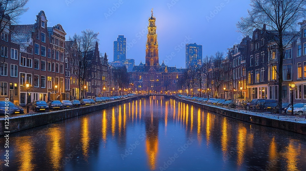 Obraz premium Amsterdam canal at twilight, buildings, tower reflection.
