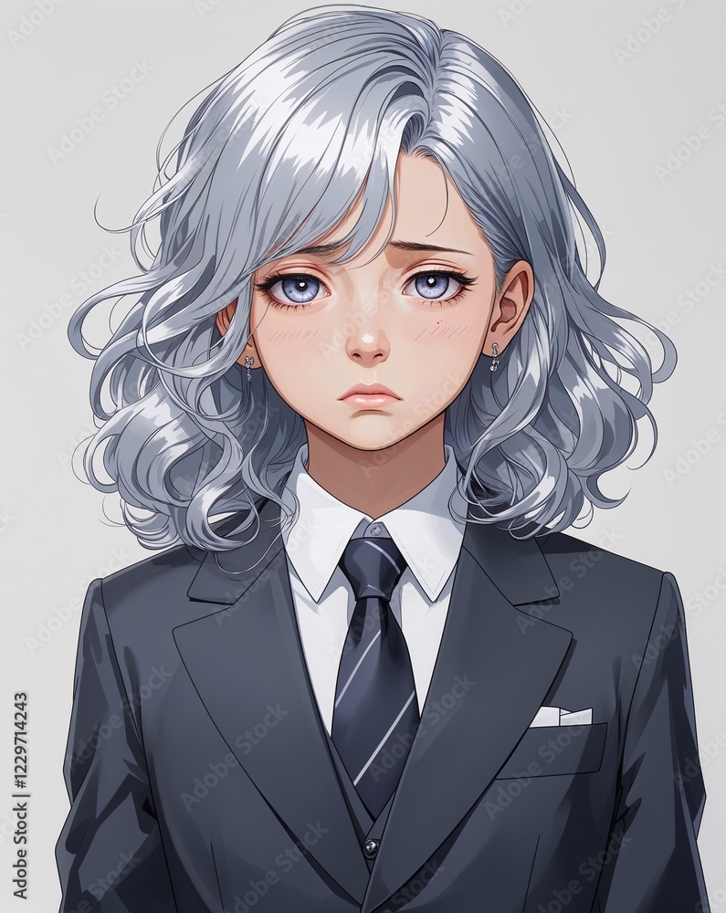 child female sad wavy silver hair formal suit anime style on plain white background child female sad wavy silver hair formal suit anime style on plain white background