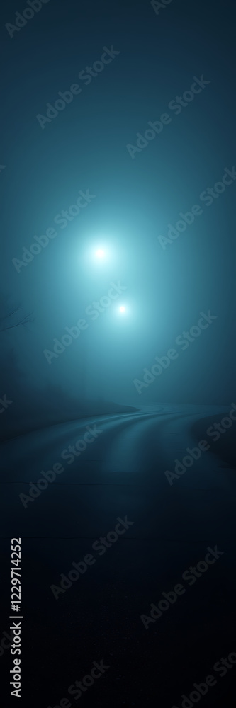 Obraz premium A mysterious, cinematic night scene where an intense headlight glare pierces through thick fog on an empty road, creating an eerie and dramatic atmosphere.
