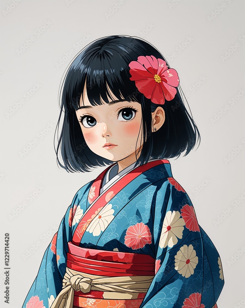 child female shy short black hair traditional kimono anime style on plain white background child female shy short black hair traditional kimono anime style on plain white background