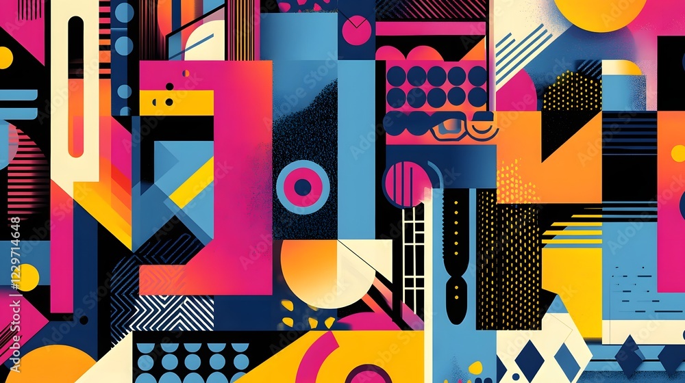A bold Memphis style flat illustration for International Colour Day, featuring abstract geometric shapes like circles, triangles, and lines in vibrant, harmonious colors. The background is filled with A bold Memphis style flat illustration for International Colour Day, featuring abstract geometric shapes like circles, triangles, and lines in vibrant, harmonious colors. The background is filled with
